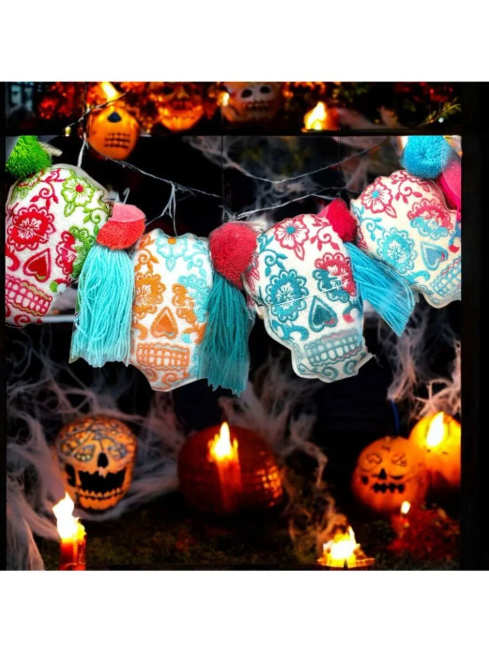 Sugar Skull Garland Day of the Dead Poms Poms Tassels Halloween Banner 7ft